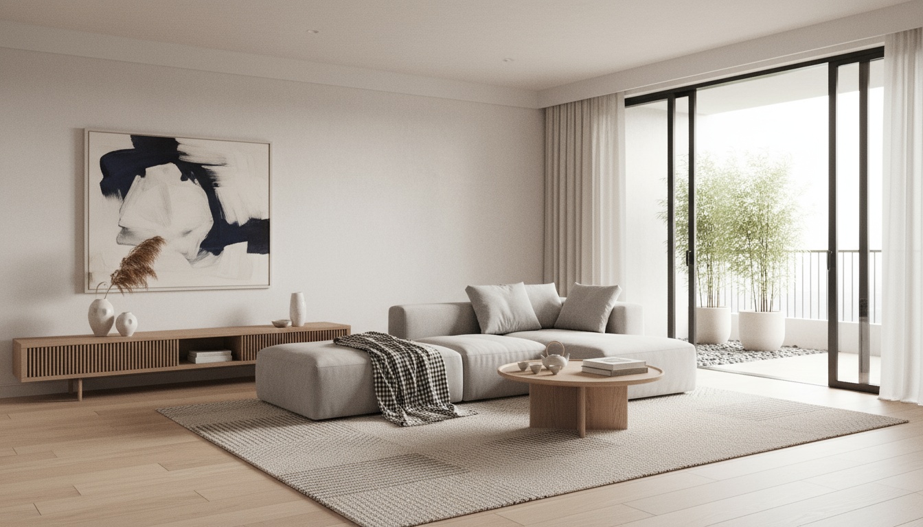Japandi-inredning i ljust vardagsrum med trä, linne och minimalistiska möbler