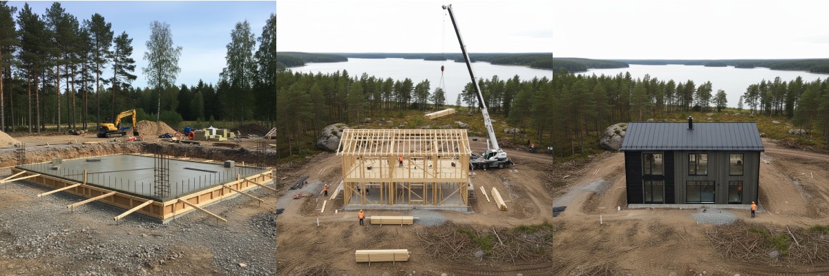 Bilder som illustrerar byggprocessen för ett nyckelfärdigt hus, från markarbeten och gjutning av grund till stomresning och ett färdigt, tätt hus.